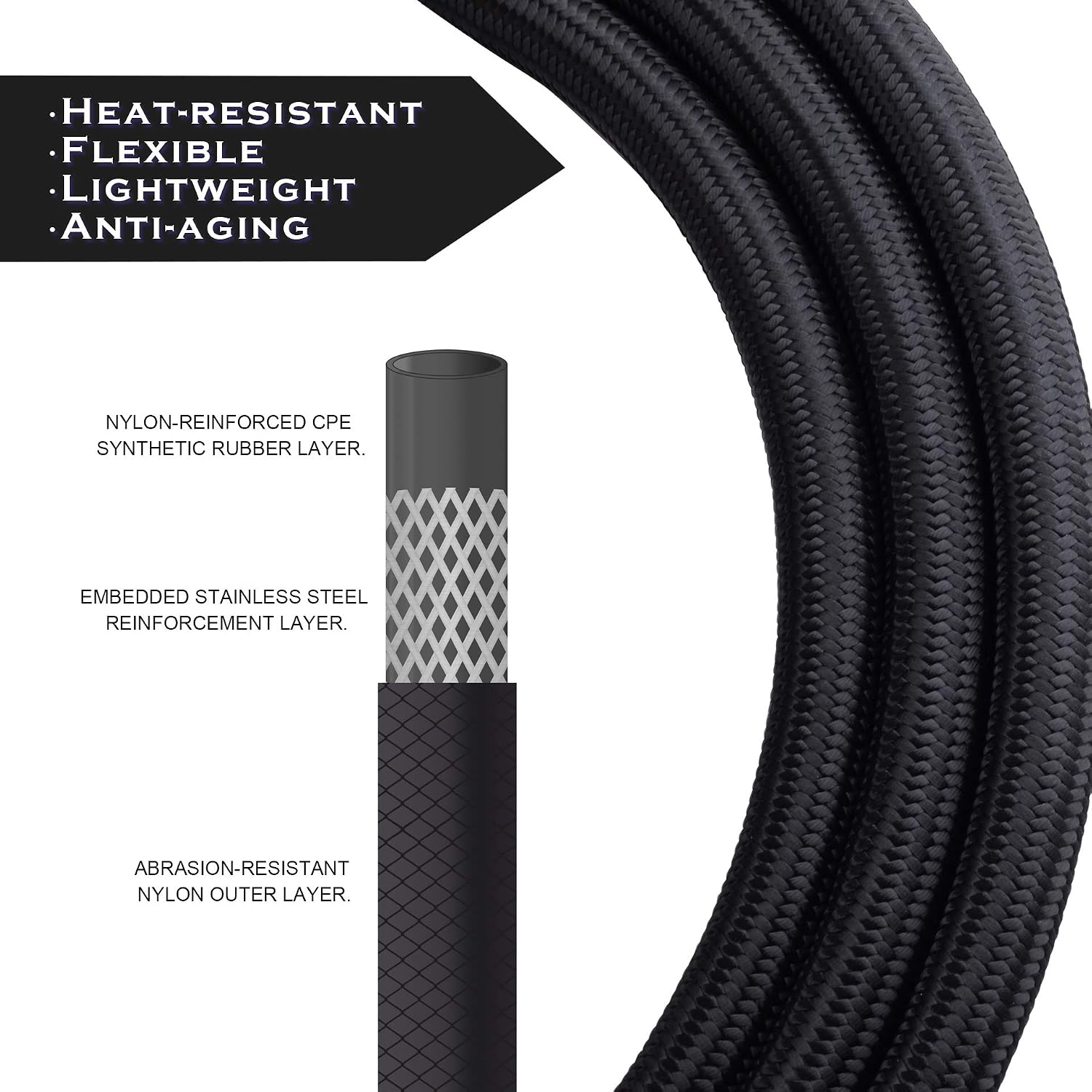 10AN 16FT Fuel Line Hose Kit, Nylon Stainless Steel Braided Fuel Line Oil/Gas/Fuel Hose End Fitting Hose with 10PCS Swivel Fuel Hose Fitting Adapter Kit - Black