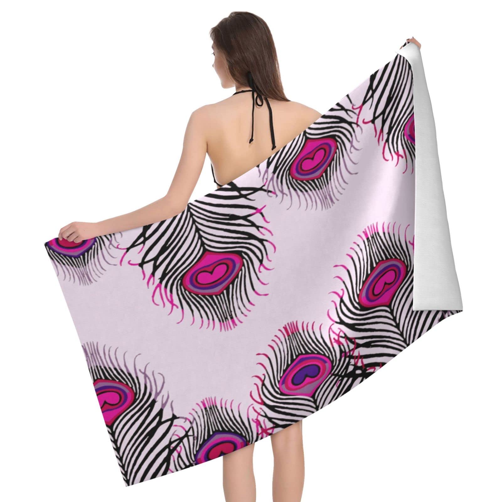 Lawenp Peacock Heart Print Beach Towel, Lightweight Sand Free Quick Dry Microfiber Absorbent Bath Towel for Kids, Adults, Swimming, Bath, Yoga, Pool, Travel, Camping 32"X52"