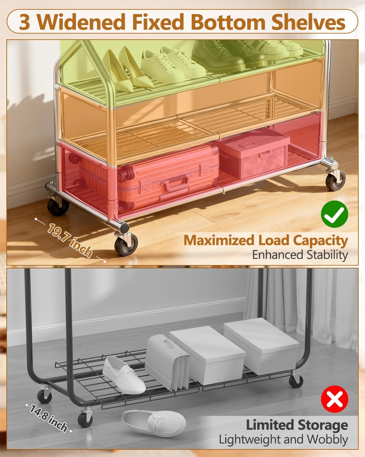 EAGMAK Heavy Duty Clothes Rack Load 686 LBS, Rolling Clothing Rack with 3 Shelves, Height Adjustable Metal Coat Rack, Portable Garment Closet Wardrobe Organizer with Wheels for Hanging Clothes, Silver