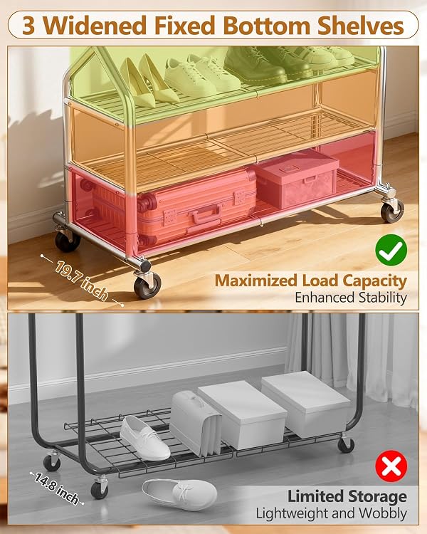 EAGMAK Heavy Duty Clothes Rack Load 686 LBS, Rolling Clothing Rack with 3 Shelves, Height Adjustable Metal Coat Rack, Portable Garment Closet Wardrobe Organizer with Wheels for Hanging Clothes, Silver by EAGMAK - Image 4