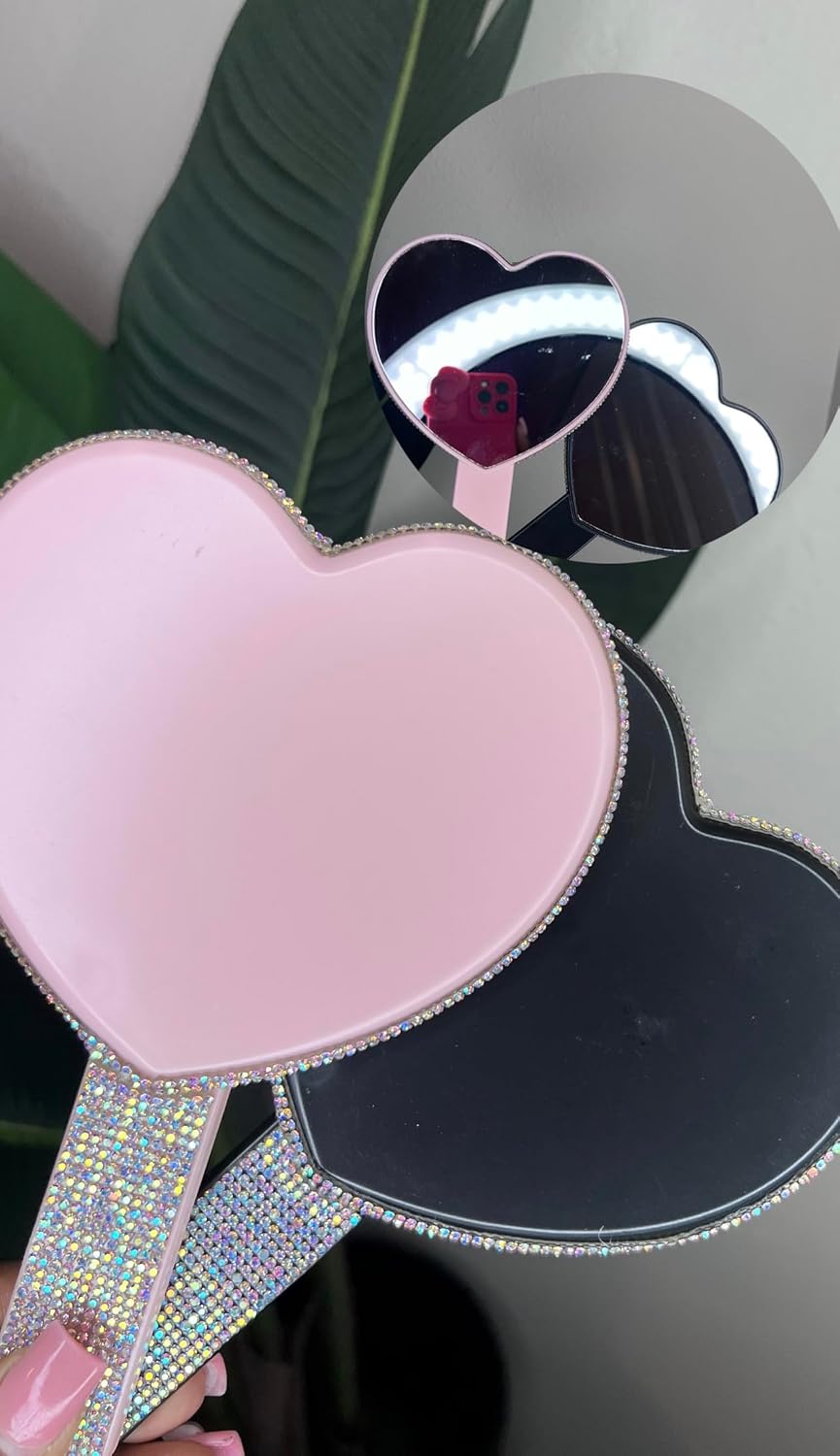 Generic Luxury 2 Pc Bling Diamond Rhinestone Heart Shaped Handheld Cosmetic Travel Mirror (Pink and Black)