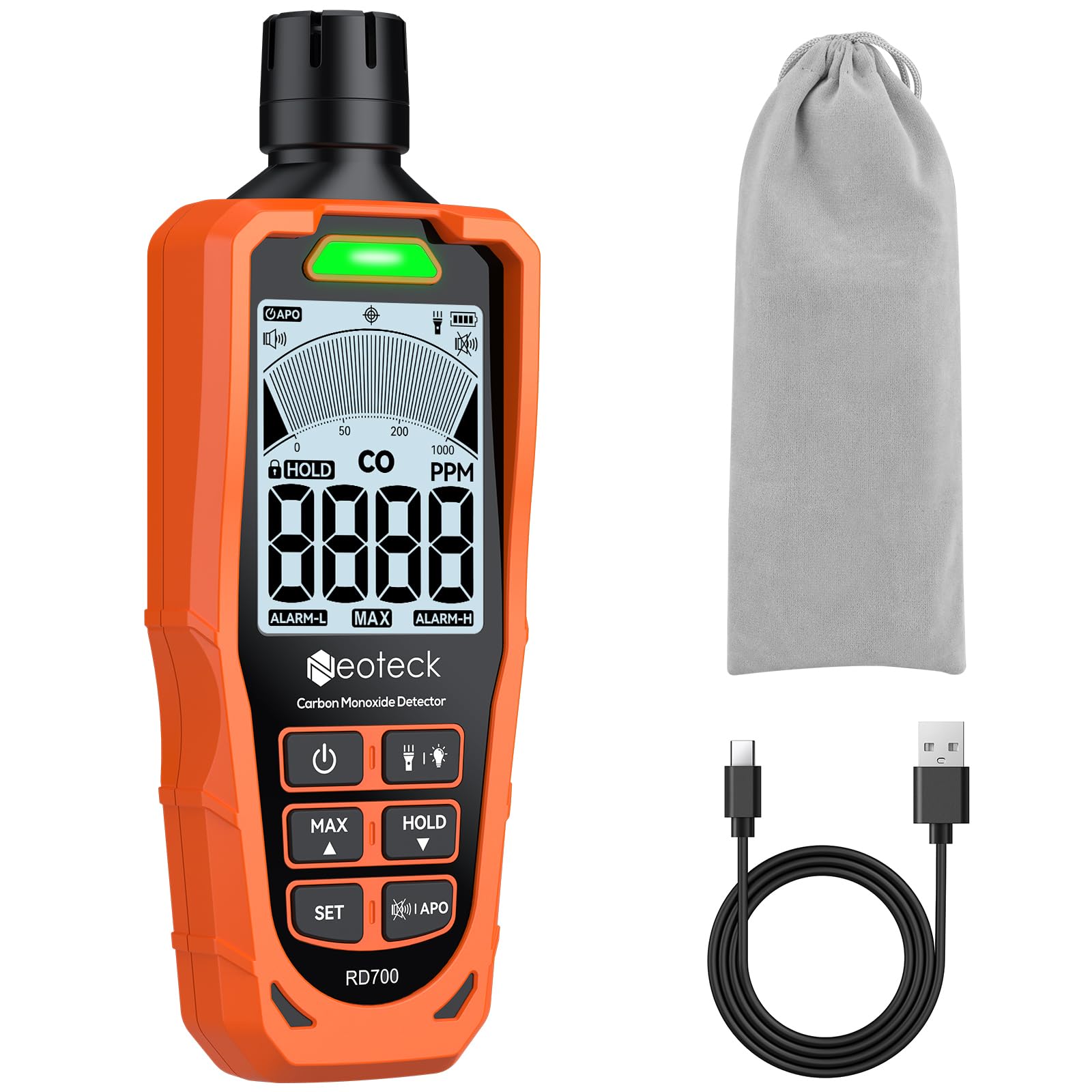 Neoteck Rivelatore Portatile di Monossido di Carbonio 1000 PPM (10% Precisione) CO Detector con Soglie Regolabili, Doppio Allarme Visivo/Acustico, Ricarica USB e Torcia per Casa, Camper e Viaggi