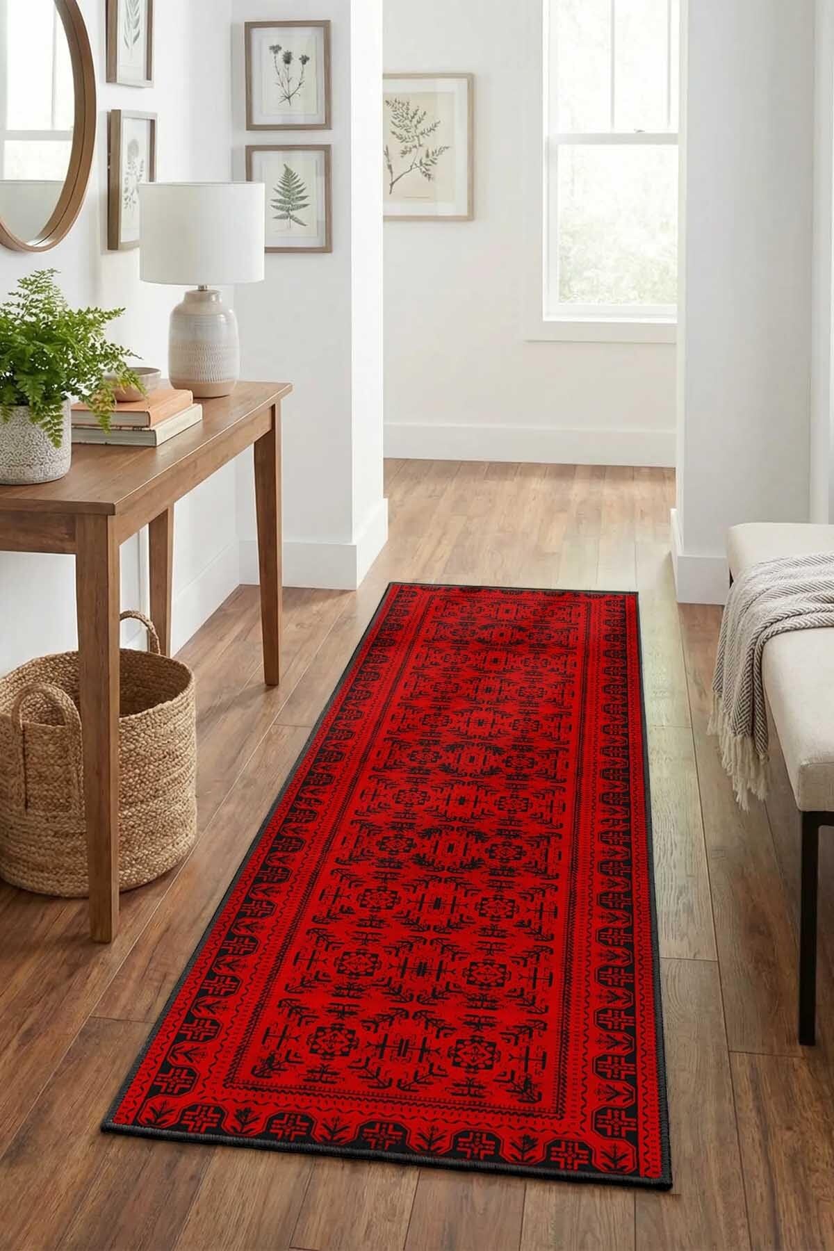 Monnhein Kırmızı Yolluk 1031-2 - Yıkanabilir, Kaymaz Taban, Dijital Baskılı, Leke Tutmaz, İnce Hav, Modern Koridor, Mutfak, Antre ve Salon için Dekoratif Yolluk