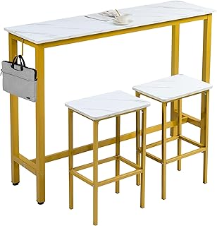 Finnhomy 52.7" Industrial Bar Table Set with 2 Stools - Counter Height Dining & Pub Table for Small Spaces, Kitchen, Apartment, Nook - Metal & Wood, Space-Saving Furniture - White Marble and Gold