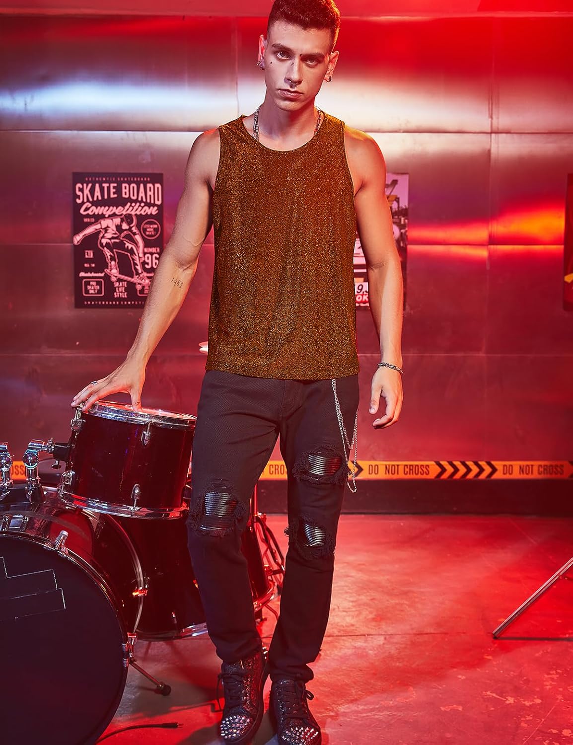 Casey Kevin Men's Glitter Tank Top Rave Gold Hipster Sequin Sleeveless Shirt Sparkly Disco Vest - Image 3