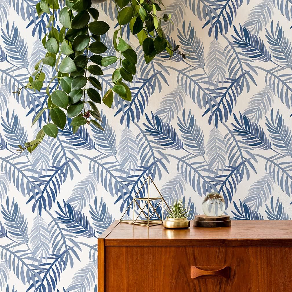 Flipside Blue Palm Leaves Peel and Stick Removable Wallpaper - Each Roll is 18 ft. Long x 18 in. Wide - Safe for Walls - Easy to Apply & Easy to Remove