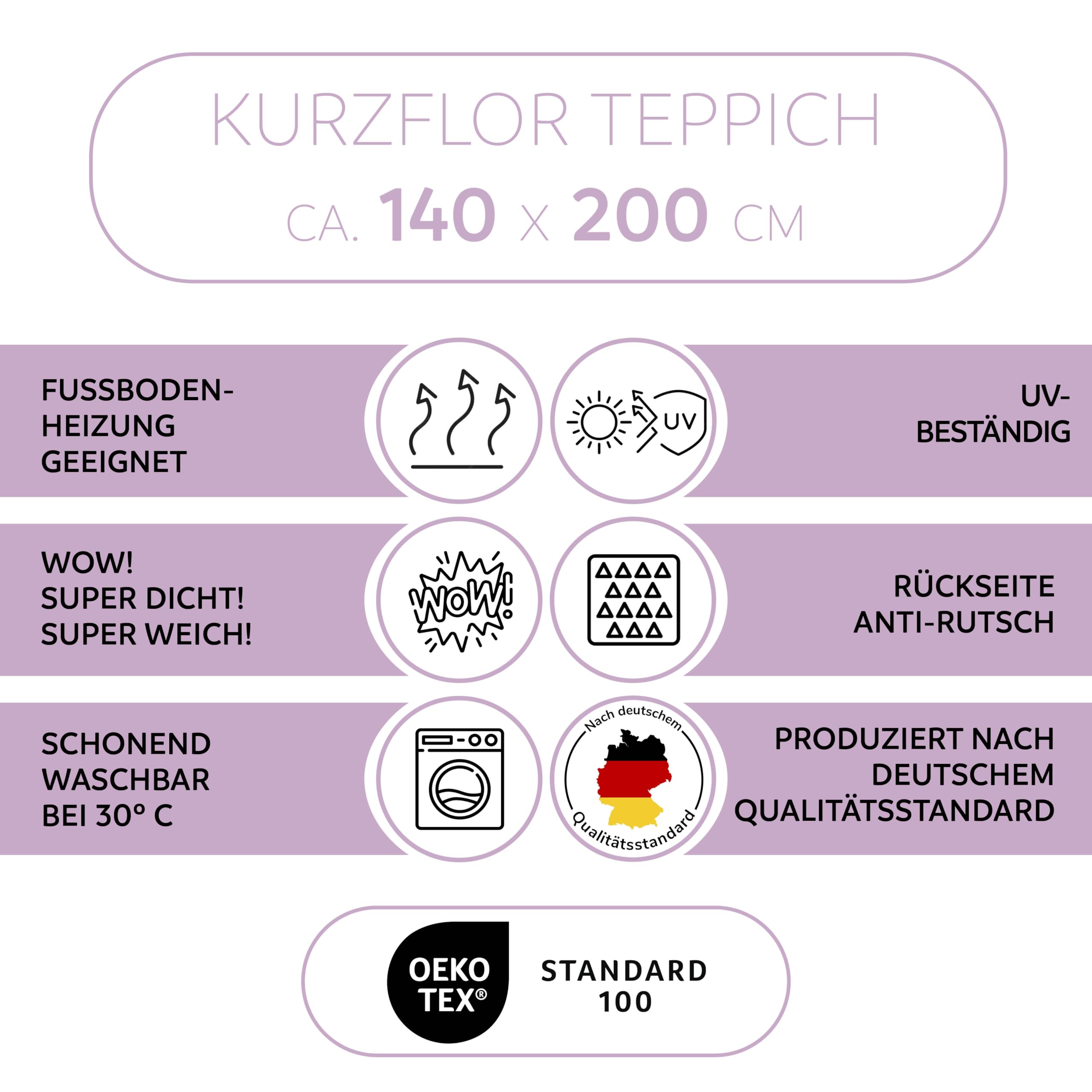DOMOPRIMA® Kurzflor-Teppich 140x200 cm – waschbar, rutschfest, Oeko-Tex Zertifiziert, 100% Polyester, edle Farben Jade und Perlmutt für Wohnzimmer, Schlafzimmer, Kinderzimmer (Perlmutt)