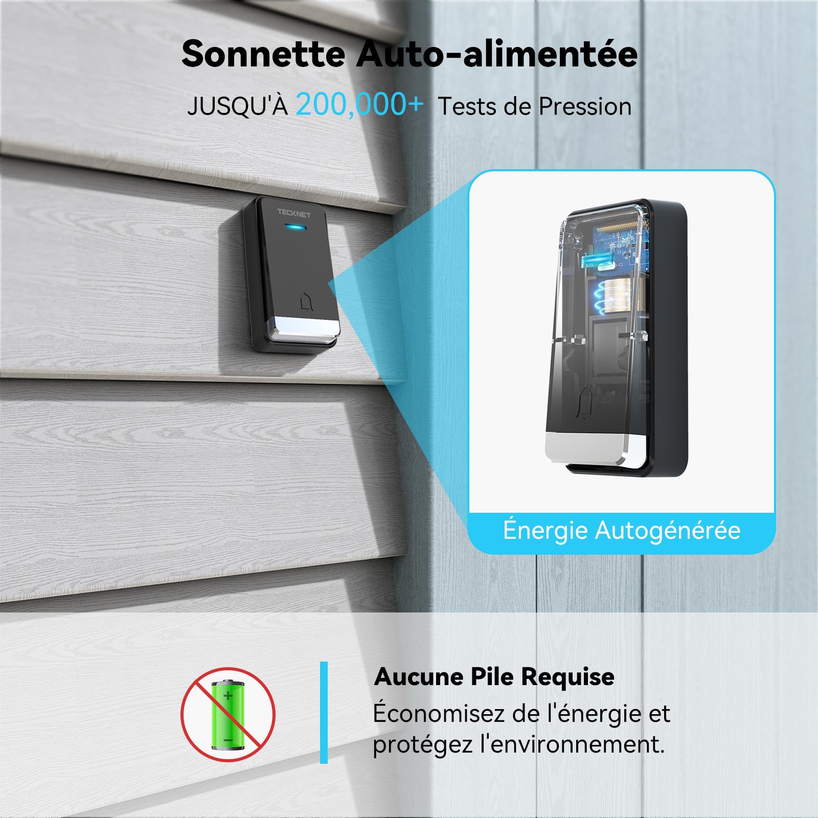 TECKNET Sonnette Sans Fil Kit, 400M Sonnette avec 2 Emetteurs | 5 Niveaux de Volume Porte Auto-Alimentée avec 60 Mélodies, IP65 Etanche Carillon Sans Pile, avec Tomas USB Externas y Luz LED