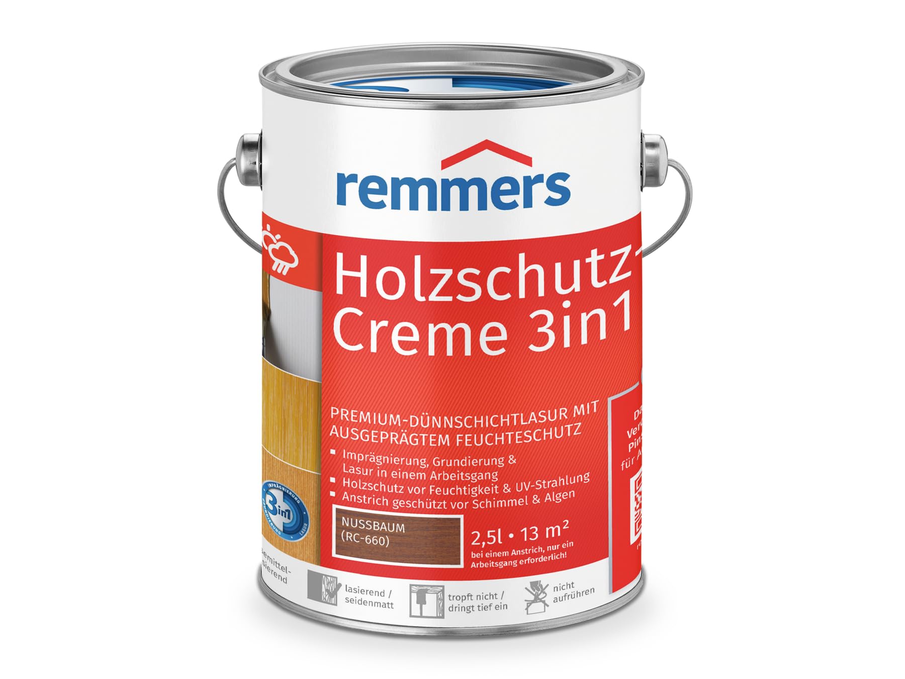 Remmers Krem ochronny do drewna 3 w 1, orzech, 2,5 litra, niekapiąca lazura do drewna, do użytku na zewnątrz, 3-krotna ochrona drewna z impregnacją + gruntowaniem + lazurą
