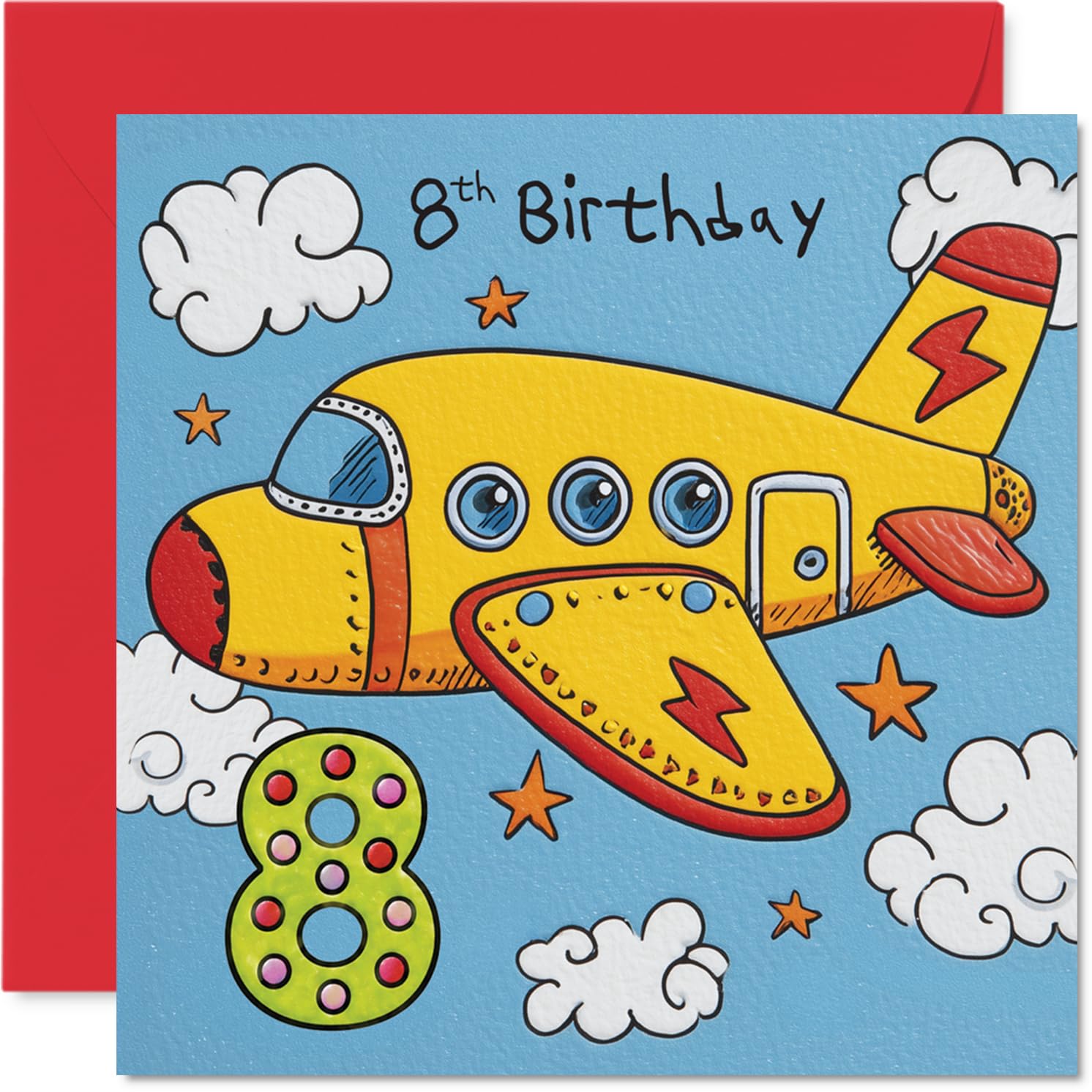 Playful 8th Birthday Card - Up, Up and Hooray! - Cartoon Yellow Aeroplane with Stars and Colourful Number 8 - Bursting with Birthday Cheer - 145mm Square, Envelope Included