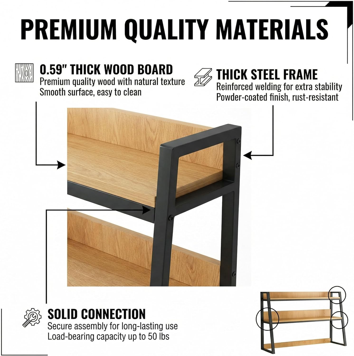Scaffale organizer da scrivania, libreria trapezoidale a 3 livelli con struttura in metallo e ripiano in legno, scaffale salvaspazio per ufficio, dormitorio, studio, nero (75CM)