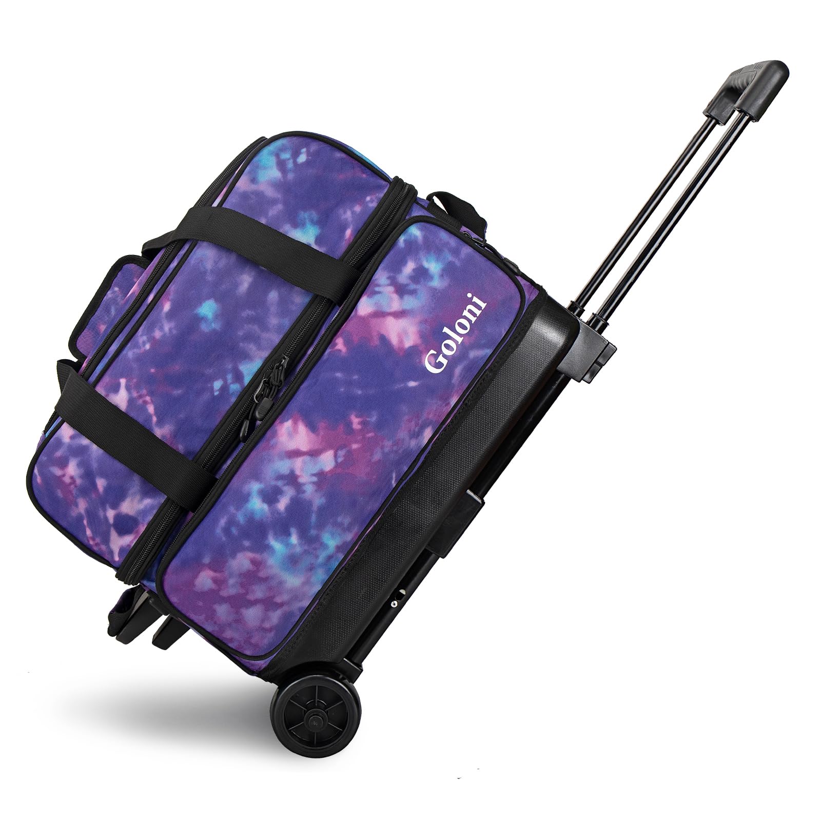 Goloni Double Roller 2 two bowling ball bag with wheels with Separate Shoe Compartment Size 15 and Oversized Accessory Pocket,2/two ball bowling bag,Retractable Handle Extends to 40"