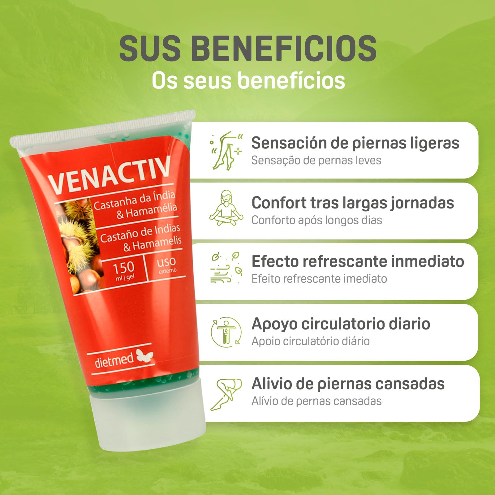 Gel Piernas Ligeras con Castaño de Indias y Hamamelis - Gel Refrescante - Bienestar Circulatorio - Con Cafeína, Ginkgo Biloba y Vitamina E - Para Piernas Cansadas - 150 ml Uso Diario - DietMed