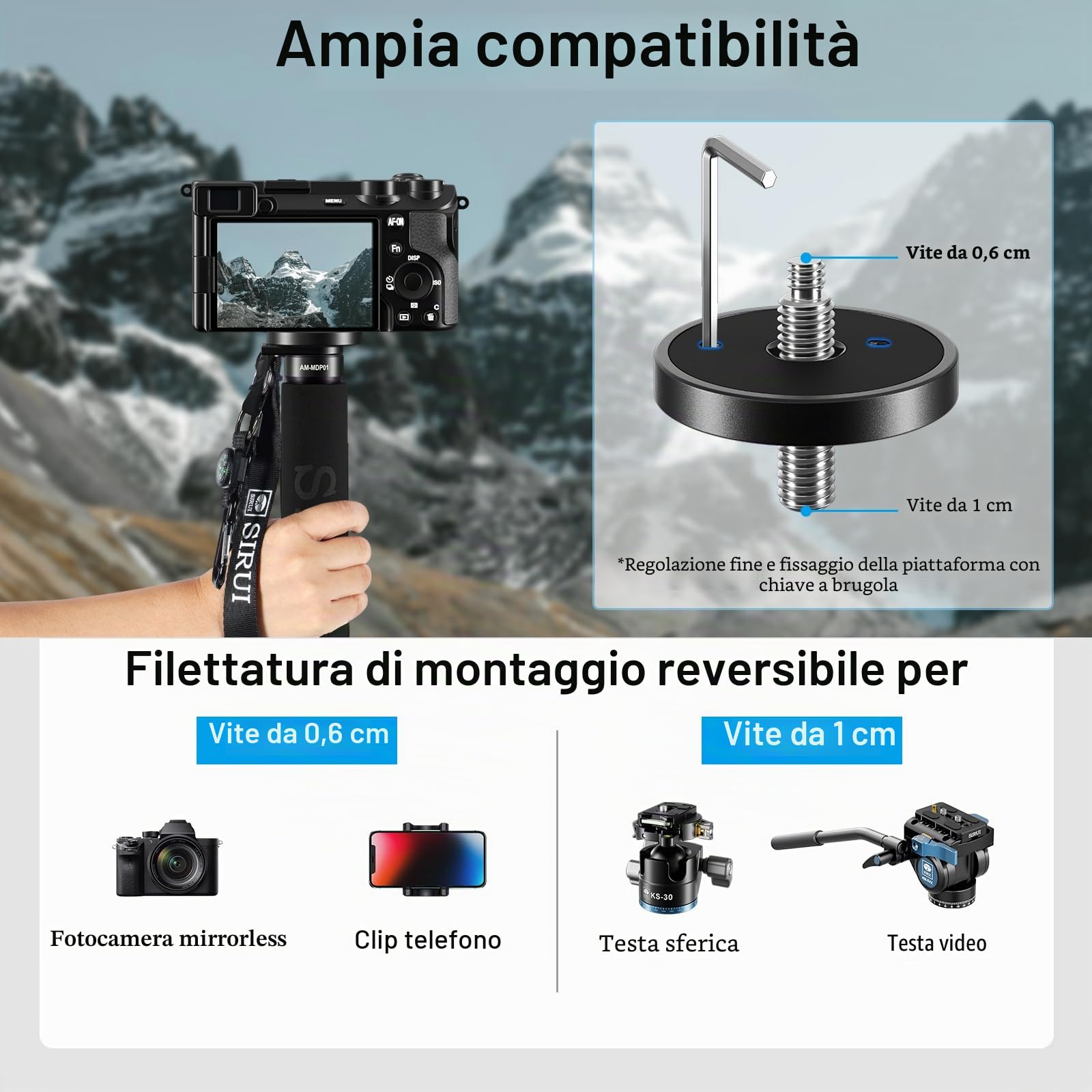 SIRUI Monopiede in fibra di carbonio per fotocamere, monopiede da viaggio compatto e leggero da 65 pollici, 5 sezioni, supporto per telefono incluso, carico fino a 22 libbre/10 kg, AM-MDP01