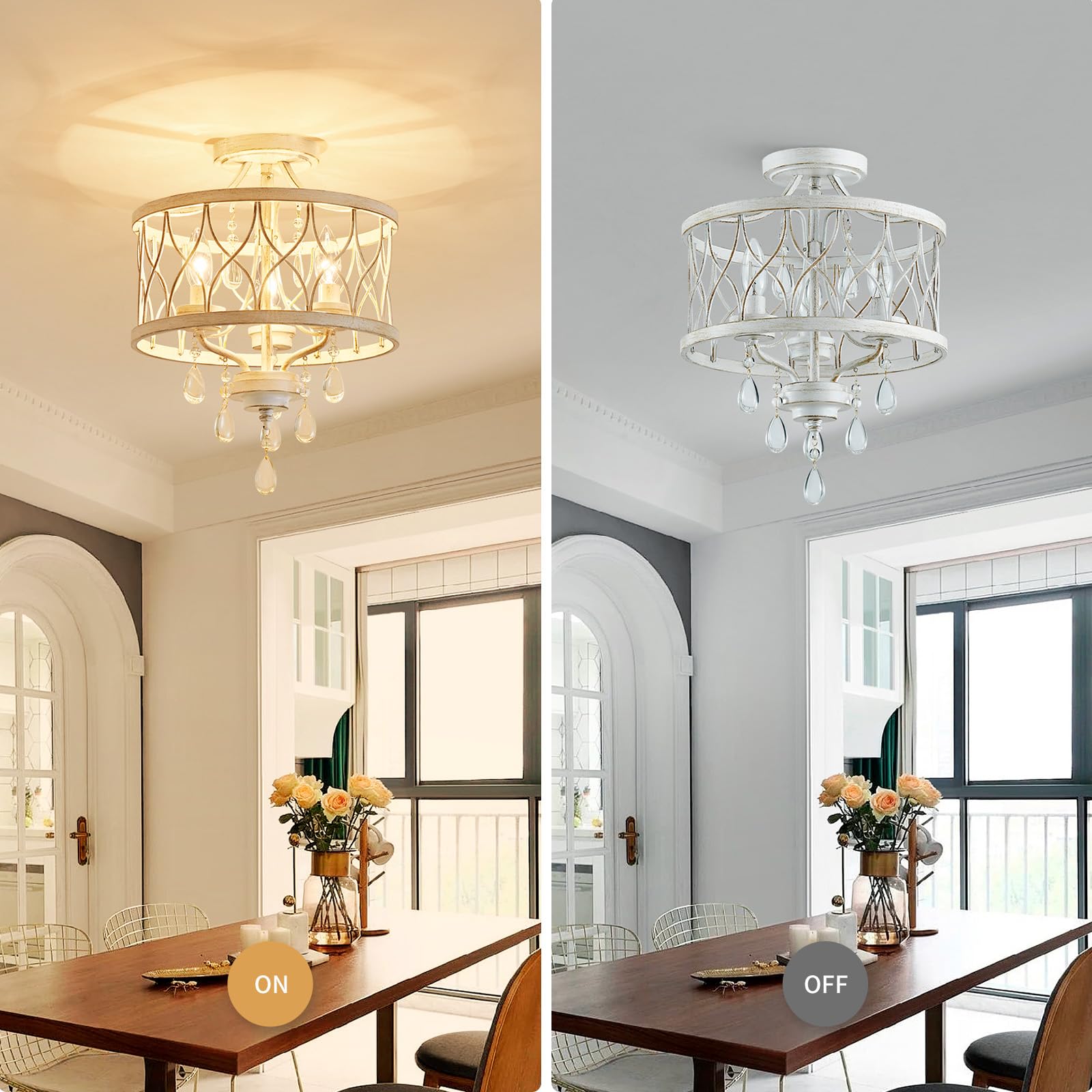 WUZUPS lámpara 3-luz vintage granja industrial Semi-Flush montaje lámpara de techo luminaria para vestíbulo dormitorio pasillo habitación de almacenamiento, H 40,6 x W 32,5, E14 Base, blanco antiguo