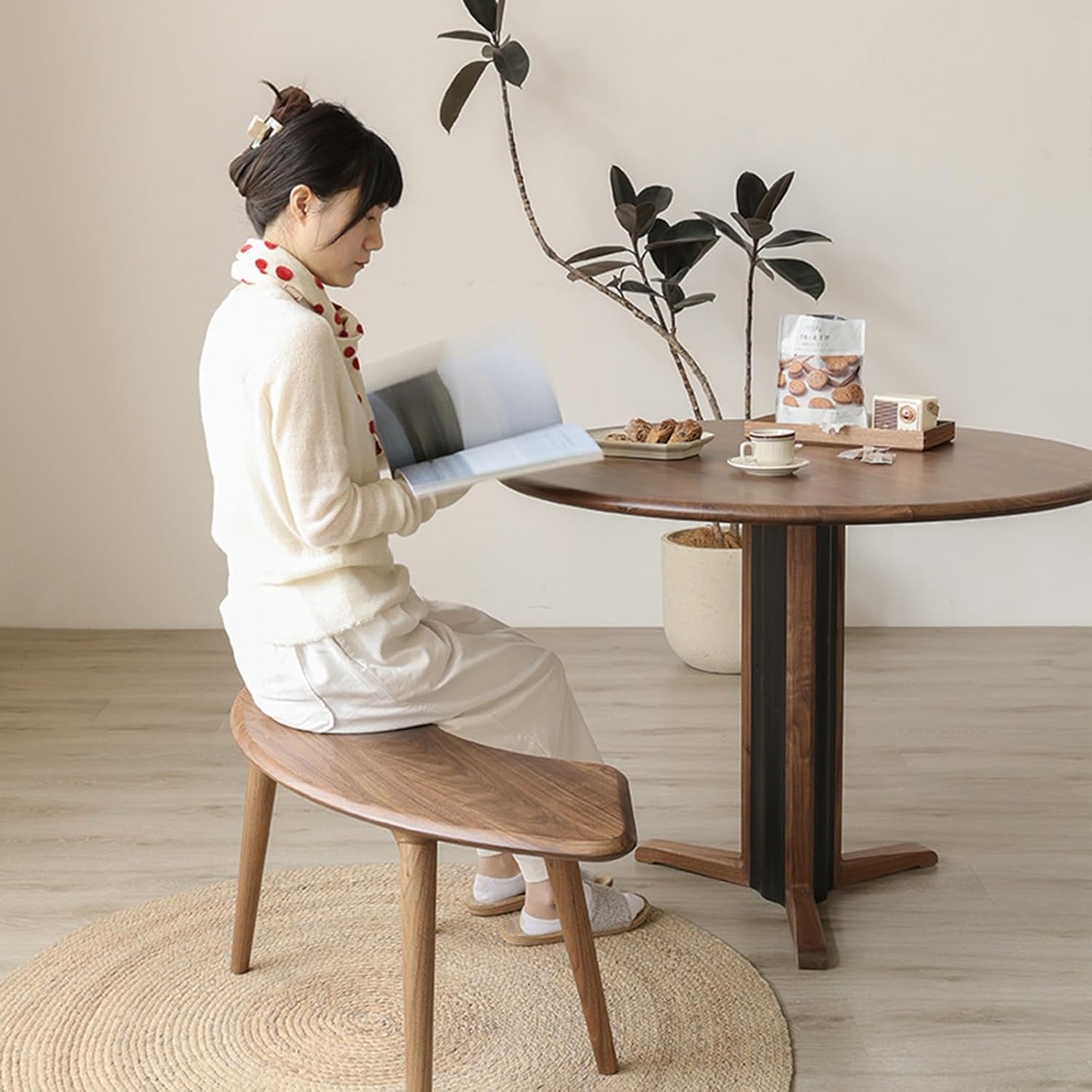 HARELA Wooden Entryway Bench, Half Moon Dining Bench Farmhouse Solid Wood Long Bench, Entryway Shoe Rack Bench, End of Bed Bench, for Home Kitchen Dining Living Room Restaurant(Walnut)