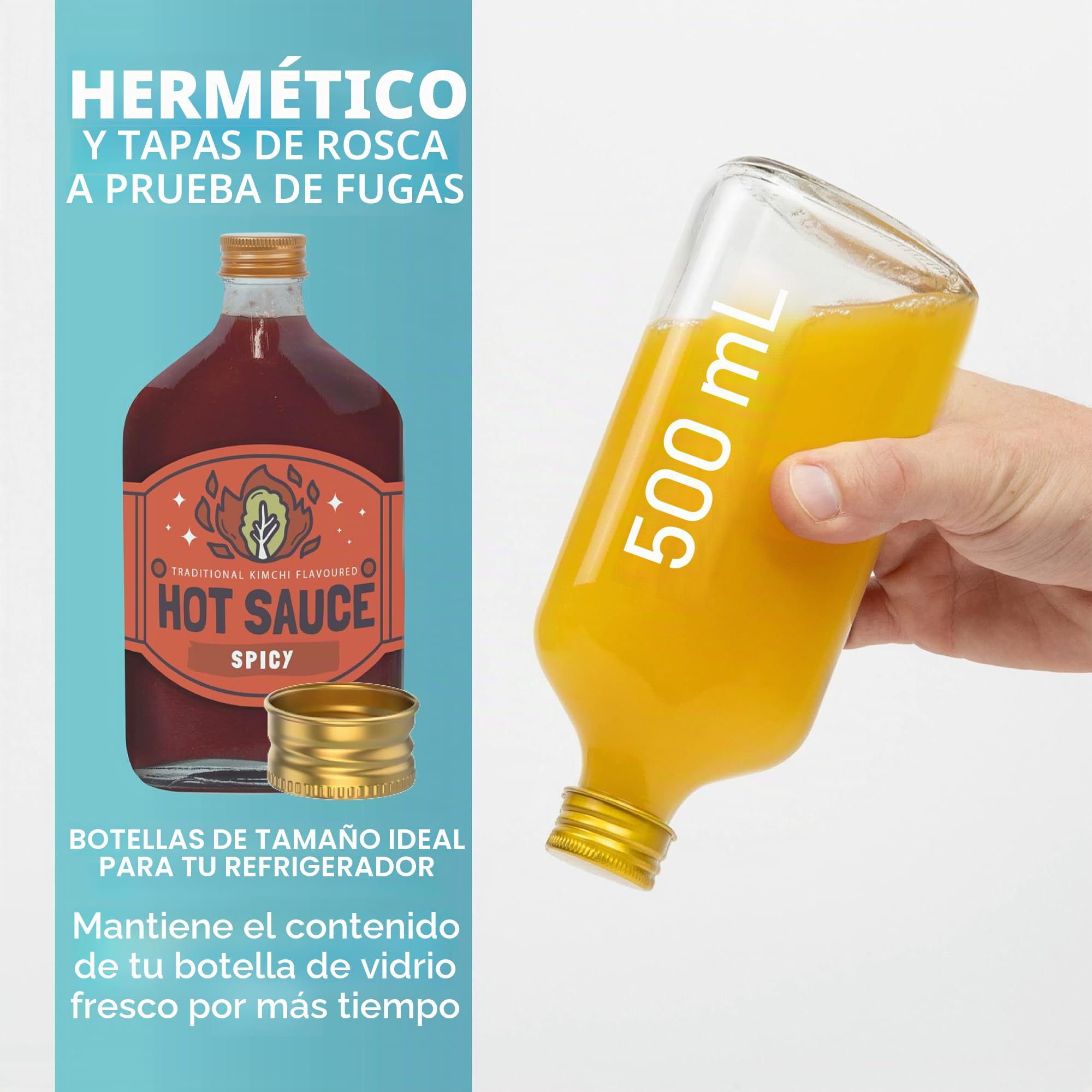 HEFTMAN Flask Botellas de vidrio - paquete de 10 botellas vacías de vidrio de 500 ml con tapas doradas