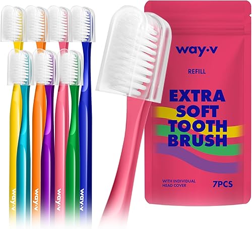 WAY.V Recambio de cepillo de dientes extrasuave para adultos, encías y dientes sensibles con cubiertas individuales para la cabeza, 7 cepillos de