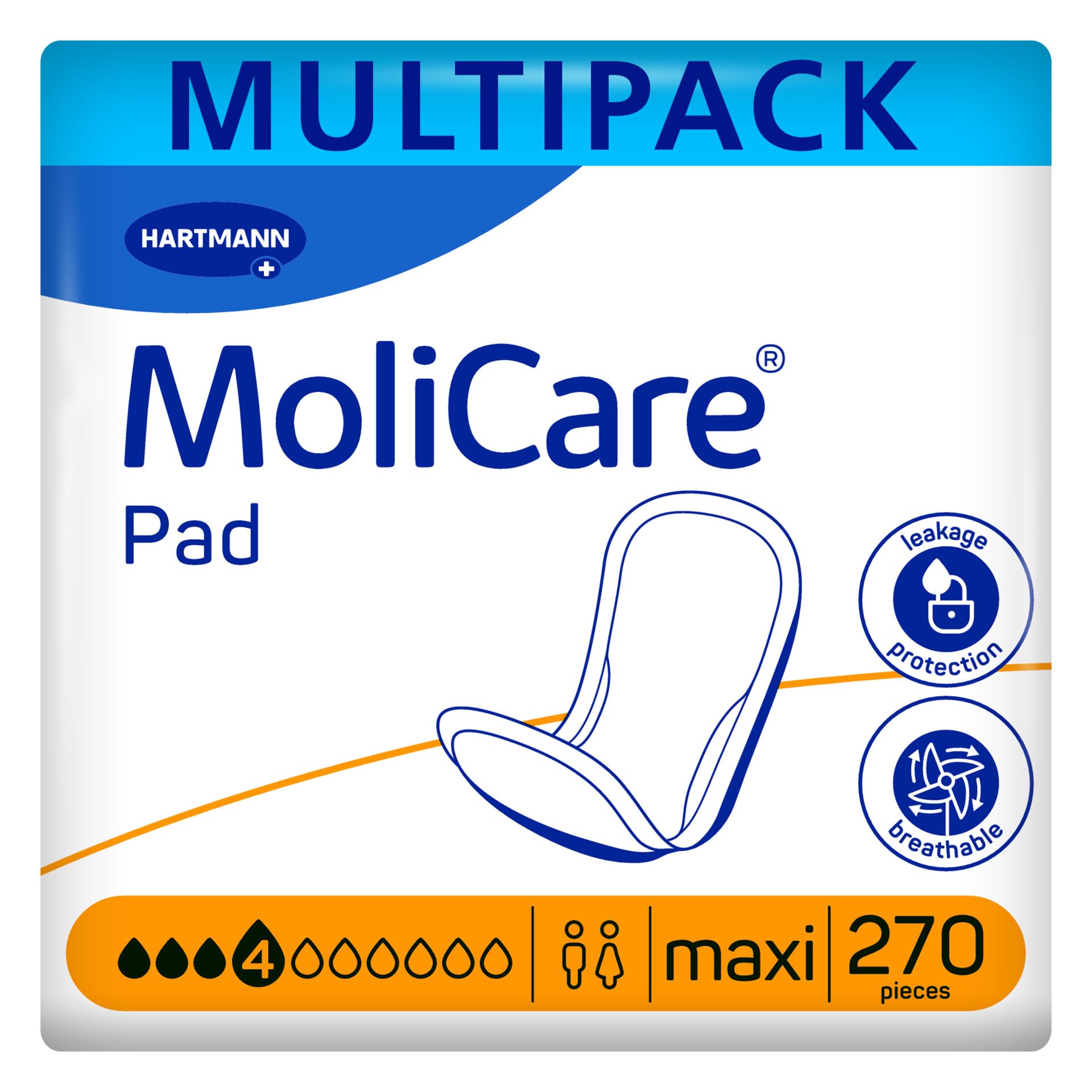 MoliCare Pad 4 Drops - Assorbenti extra lunghi per incontinenza moderata, neutralizzazione degli odori, protezione avanzata della pelle, 9 confezioni da 30 assorbenti (270 pezzi)