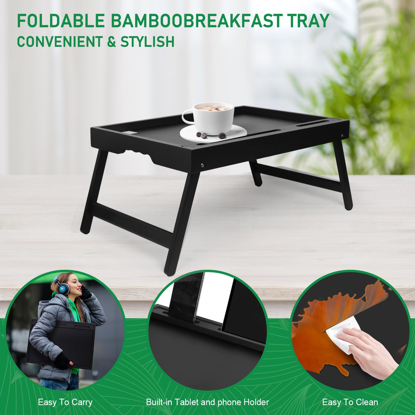 Bandeja para Cama de Desayuno Con Asas y Patas Plegables - Mesa de Bambú Con Ranura para Medios y Ordenador Portátil