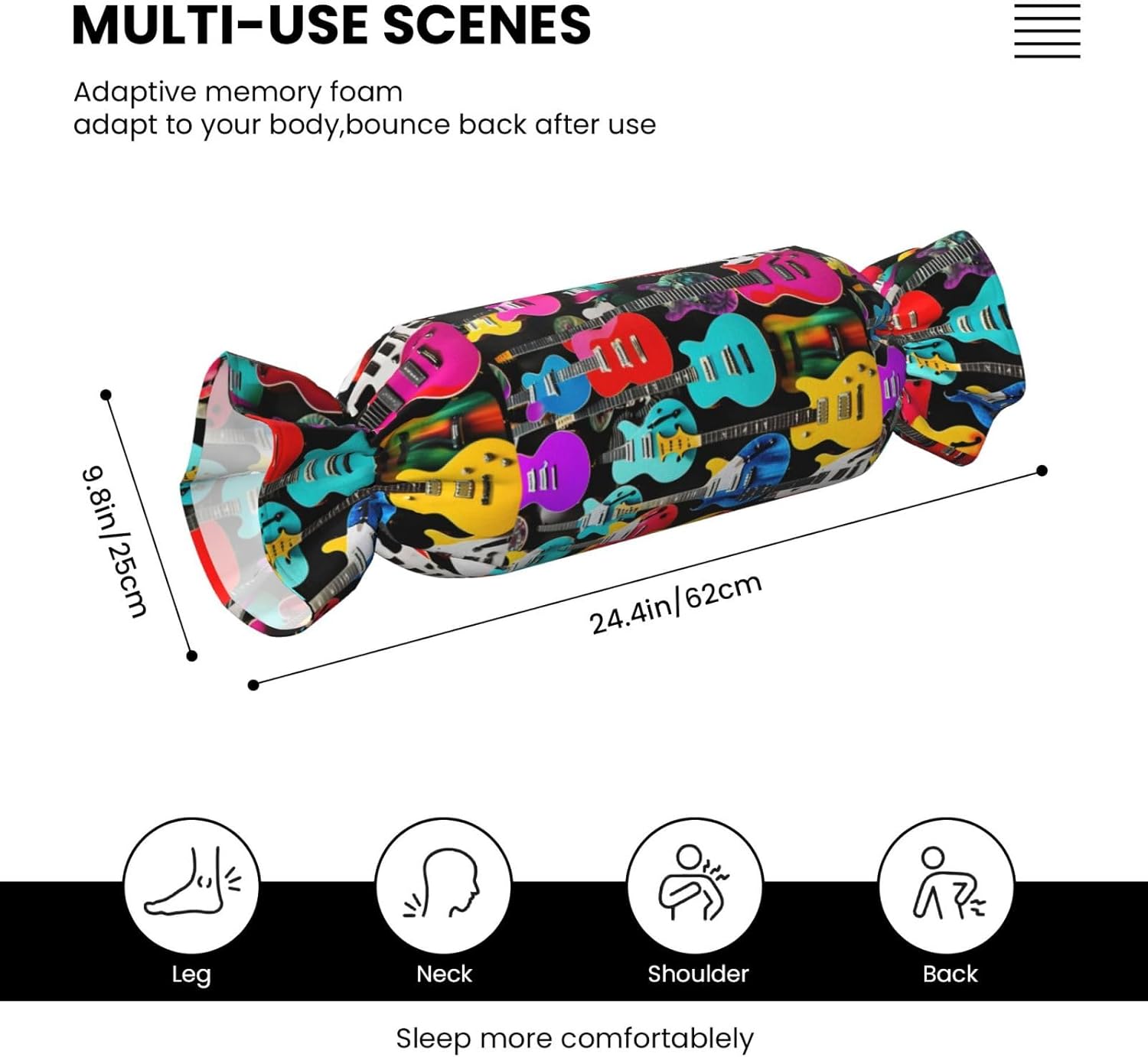 Colorful Guitars Print Candy Cylindrical Eco-Friendly Pillow Soft Velvet Living Room Bedroom Travel Decor