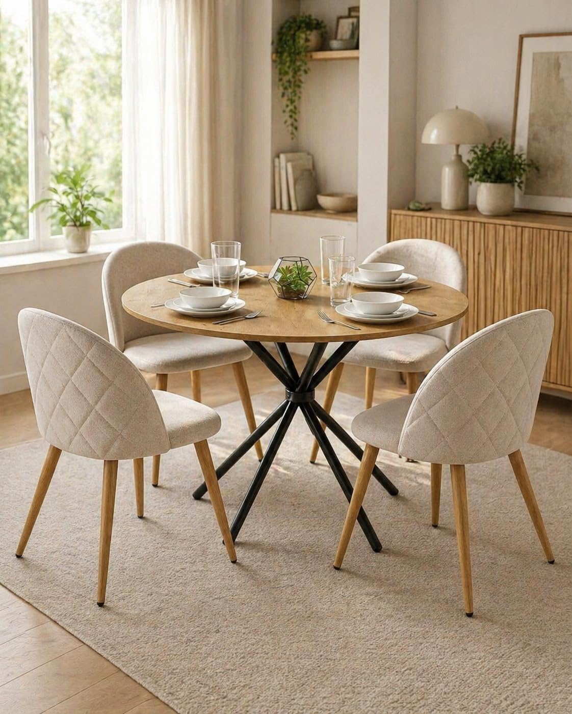 Lot de 4 chaises de Salle à Manger Beige Chaise Salle a Manger Lot de 4 Chaise scandinave chaises Salle Manger Chaise Cuisine lot 4 Fauteuil Salle a Manger Pieds métal Aspect chêne