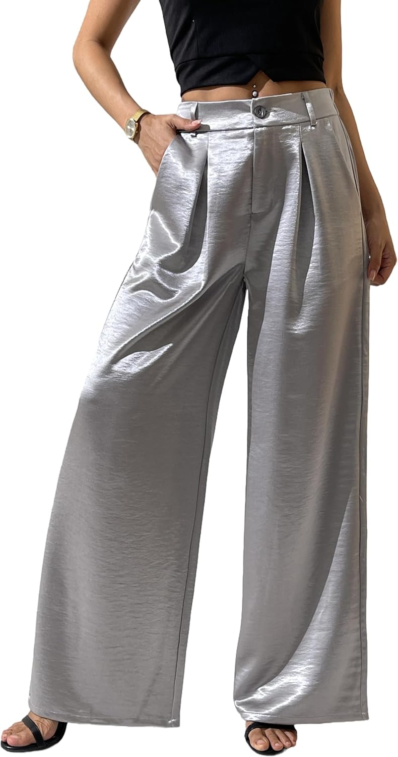 Women's Wide Leg Palazzo Pants Satin Silky Dressy Casual Shiny Sparkle Sequin Party Night Out Work Trouser