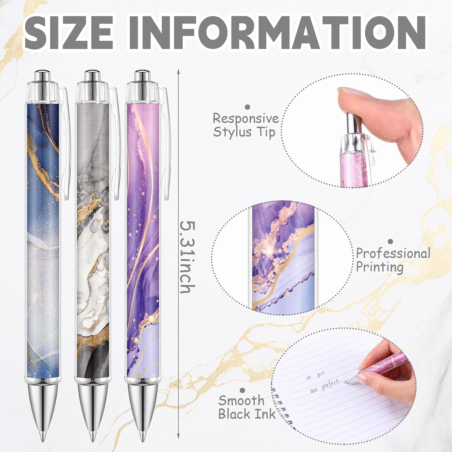 TecUnite 30 Pcs Marble Ballpoint Pens for Women 1.00 mm Cute Black Ink Fancy Pens Fine Point Smooth Marble Writing Supplies Journaling Gifts Office Supplies, 10 Designs image 2
