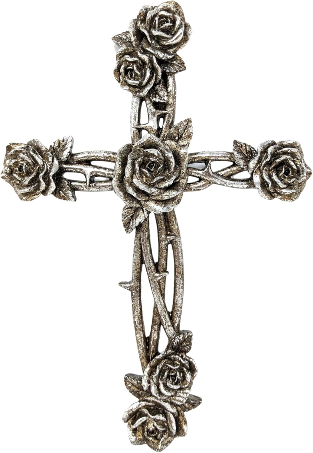 AMAJY Rustic Vintage Style Resin Silver Tone Rose and Thorn Cross Spiritual Wall Art Decor