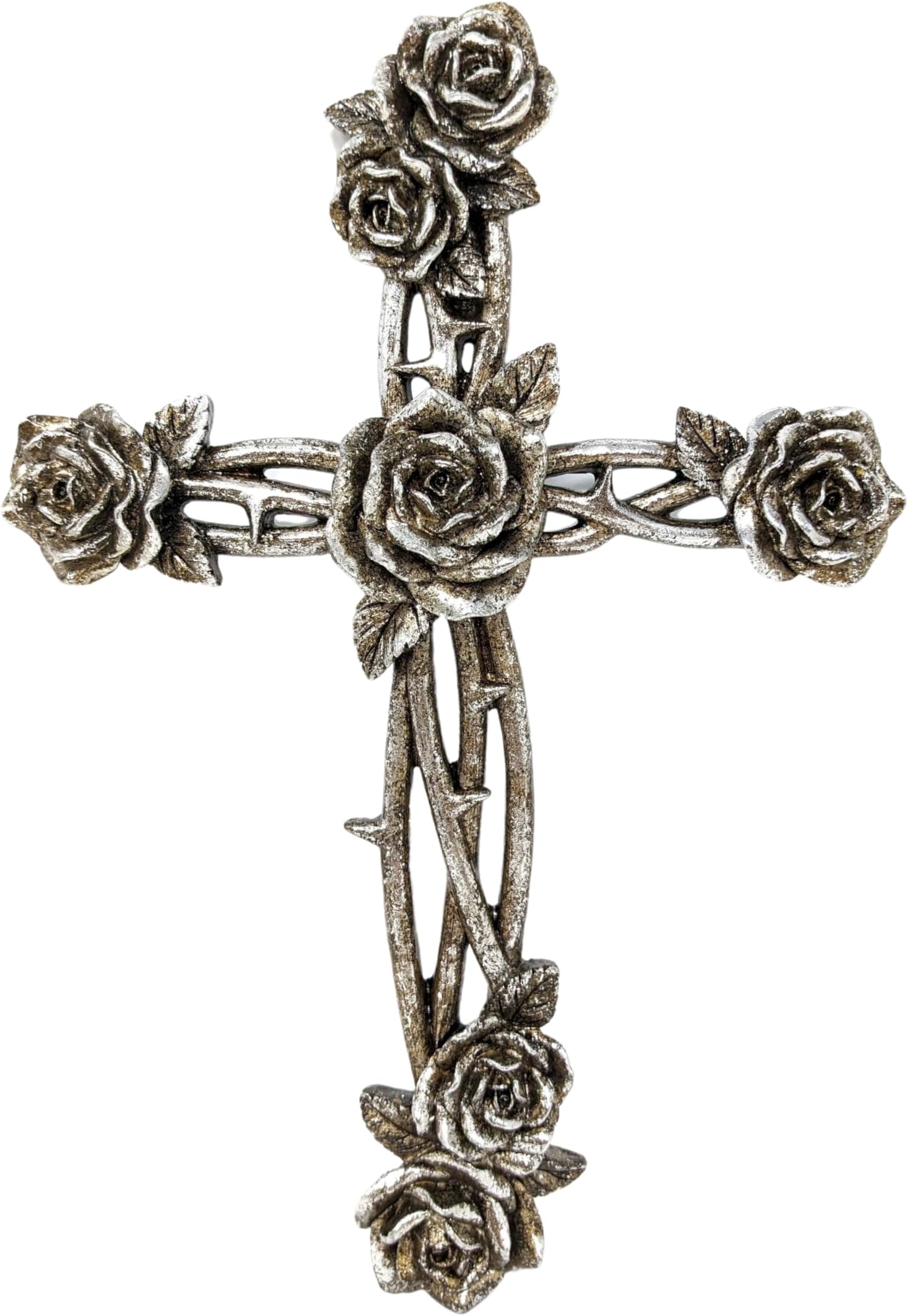 AMAJY Rustic Vintage Style Resin Silver Tone Rose and Thorn Cross Spiritual Wall Art Decor