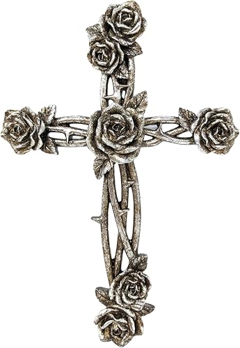 AMAJY Rustikaler Vintage-Stil, Kunstharz, silberfarben, Rosen- und Dornenkreuz, 