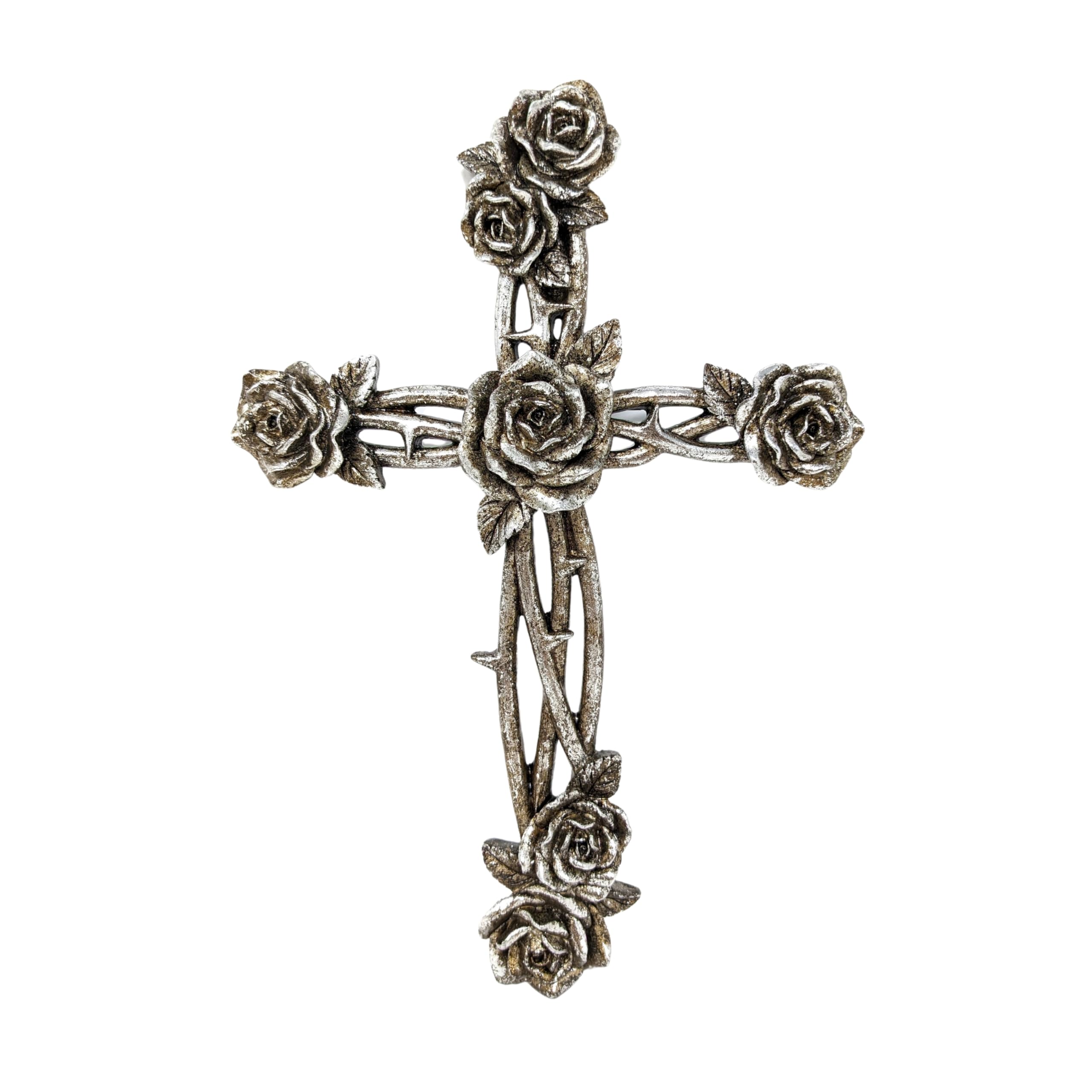 AMAJY Rustic Vintage Style Resin Silver Tone Rose and Thorn Cross Spiritual Wall Art Decor