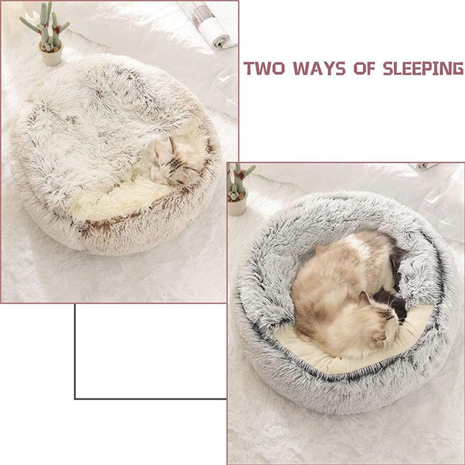 Cama para Gatos Redonda Suave de Felpa, con Capucha, para Interiores, para Invierno, cálido, Antideslizante, Lavable a máquina, para Gatos, Cachorros, Grises, 2 50 cm