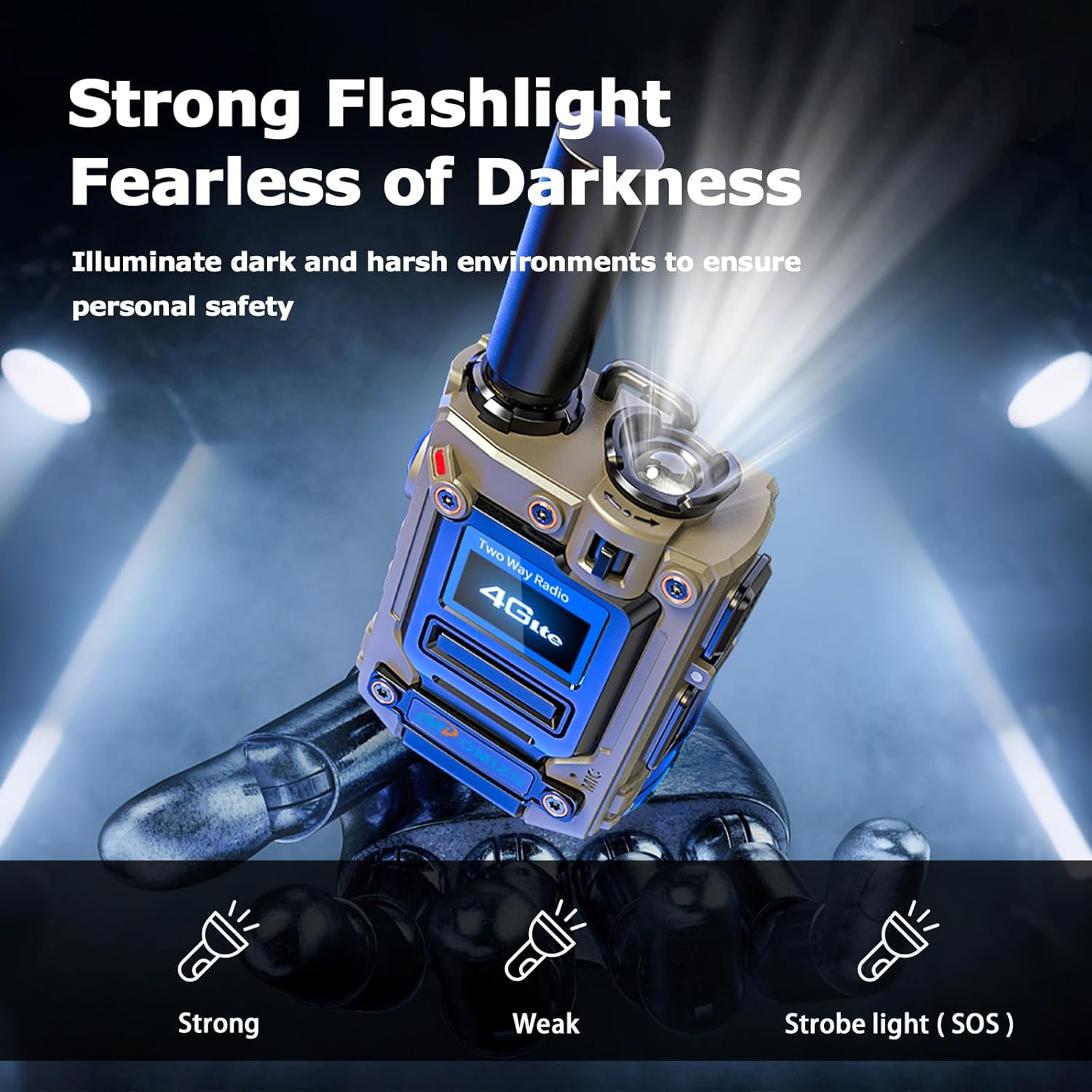 OMIZN M8 radio flashlight illuminating a dark environment