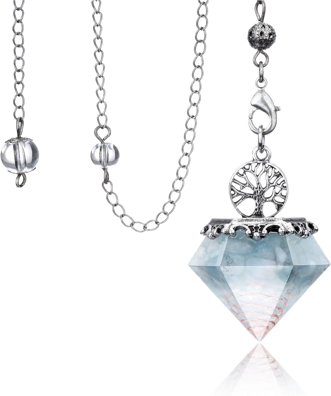 VadiForest Aquamarine Healing Crystal Dowsing Pendulum Reiki Tree of Life 6 Faceted Pointed Orgonite Pendulum Scrying Dowser Orgone Energy Generator for Divination, Protection, Meditation, Wicca