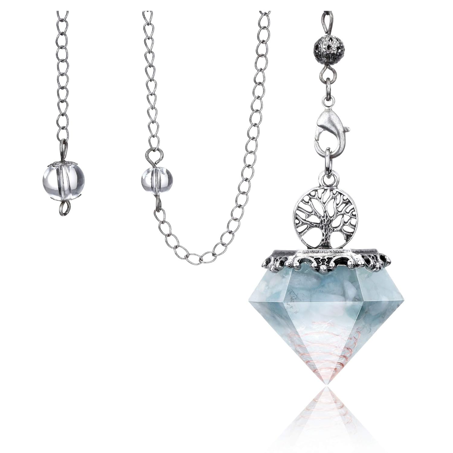 Aquamarine Crystal Dowsing Pendulum Reiki Life Tree 6 Faceted Pointed Orgonite Pendulum Scrying Dowser Orgone Energy Generator for Divination, Meditation, Wicca