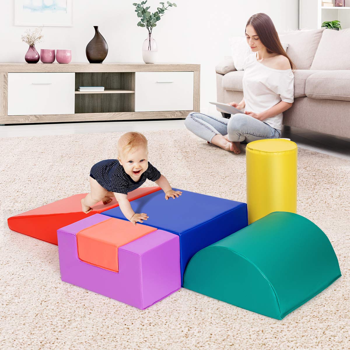 COSTWAY Juego de 6 Piezas, Bloques de Espuma Figuras de Construcción, Juguete Educativo para Niños Escalar y Caminar (Estilo 3)