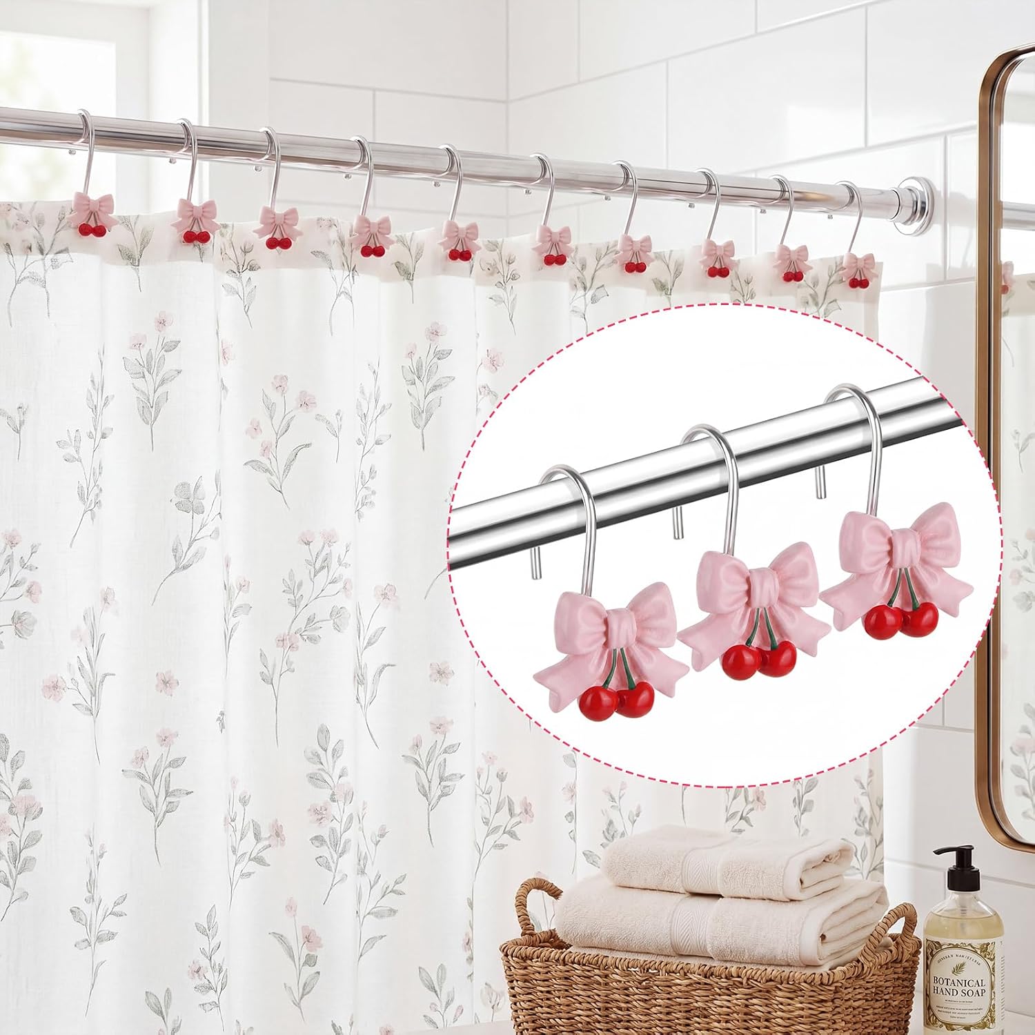 Mifoci 12 Pcs Pink Bow Shower Curtain Hooks, Decorative Shower Curtain Ring image 2