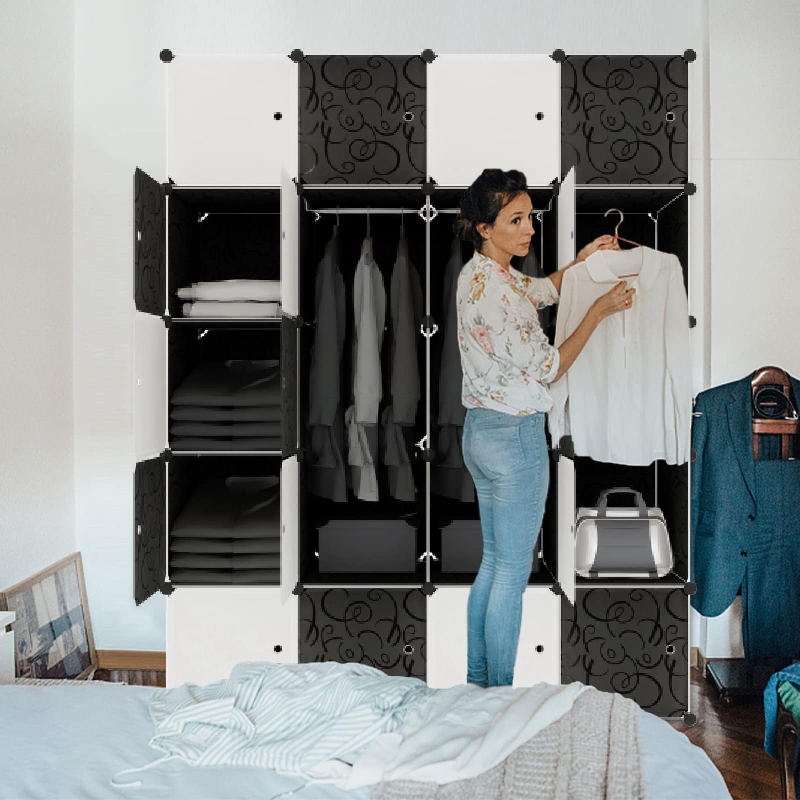 LZQ Armoire Multi-Usages - Système d'Étagères en Plastique - Avec Porte, 20 Cubes et Tringle à Vêtements - Pour Chambre à Coucher - Étagère de Rangement Étanche à la Poussière