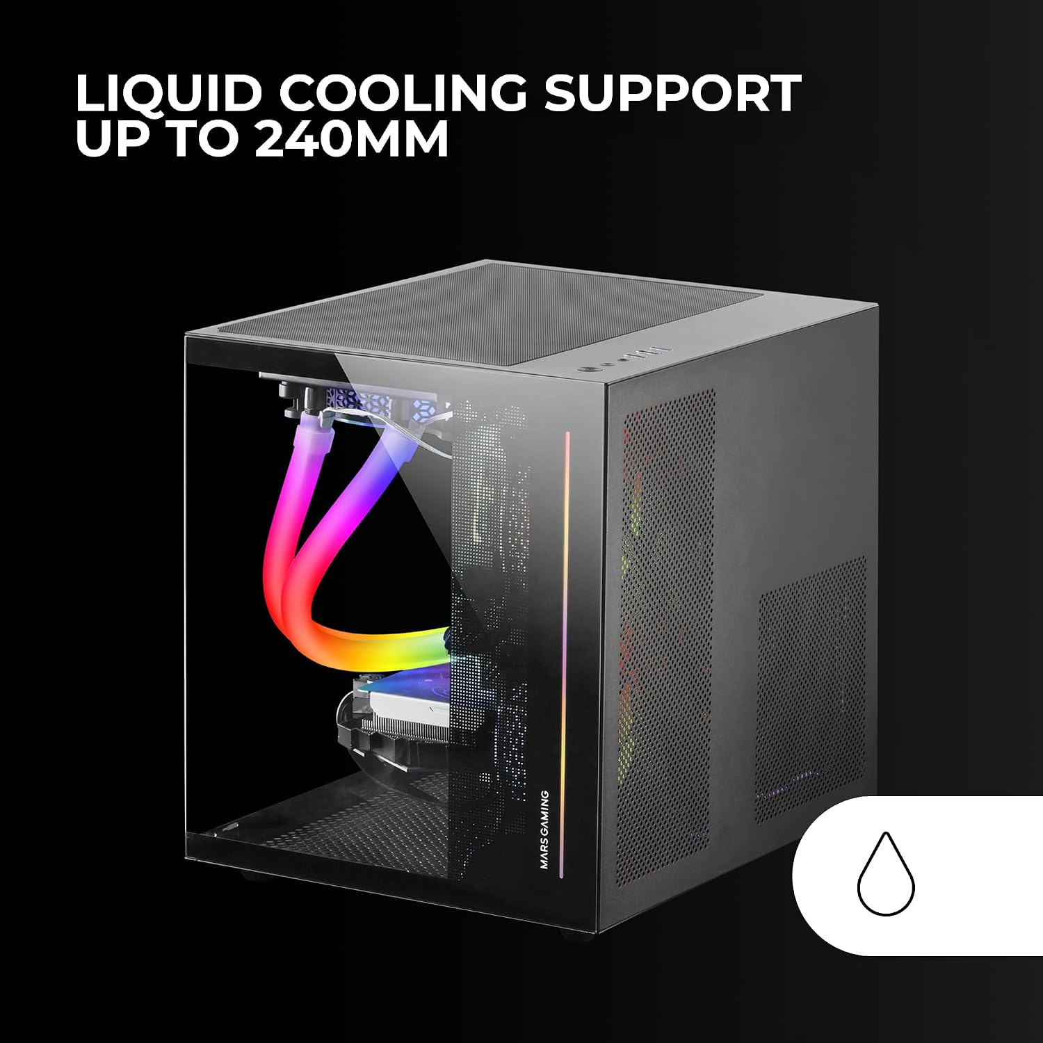 Mars Gaming MC-VIEW case with liquid cooling installed, showing a radiator and tubing.