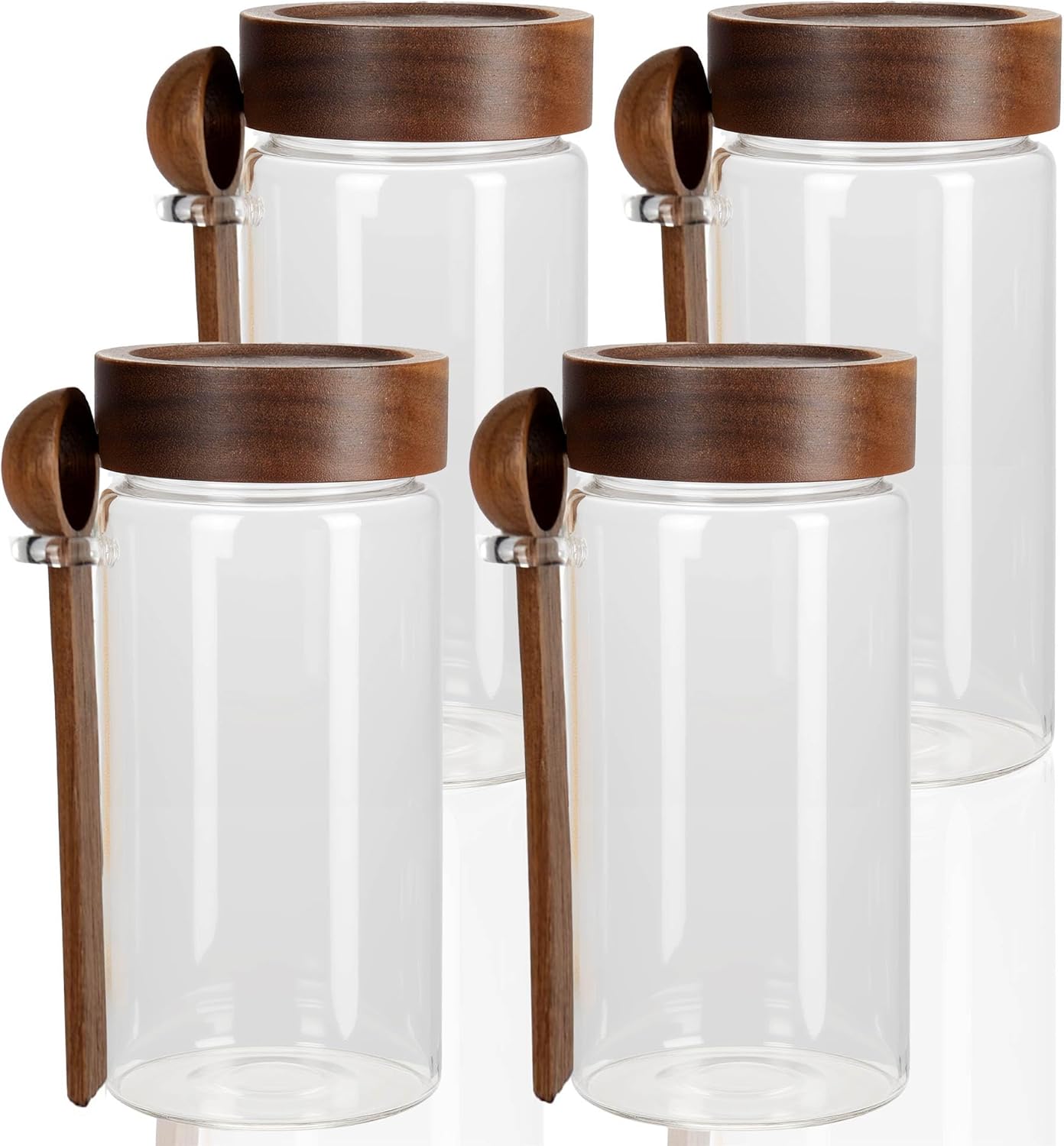 28 oz/850 ml Glass Storage Canister with Airtight Wooden Lid, Clear Small Decorative Container Jar with Spoon for Salad Overnight Oats Snacks Yogurt Cereal Fruit Spice Sugar Coffee - 4 Pack