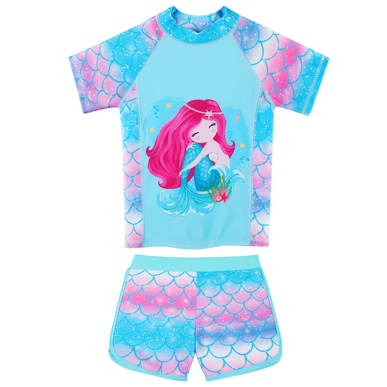 Maillot de Bain Fille Deux Pièces Combinaison Anti UV Fille pour Filles de 3-9 Ans avec Manches Courtes + Short de Bain S516 BlueGirl 4A