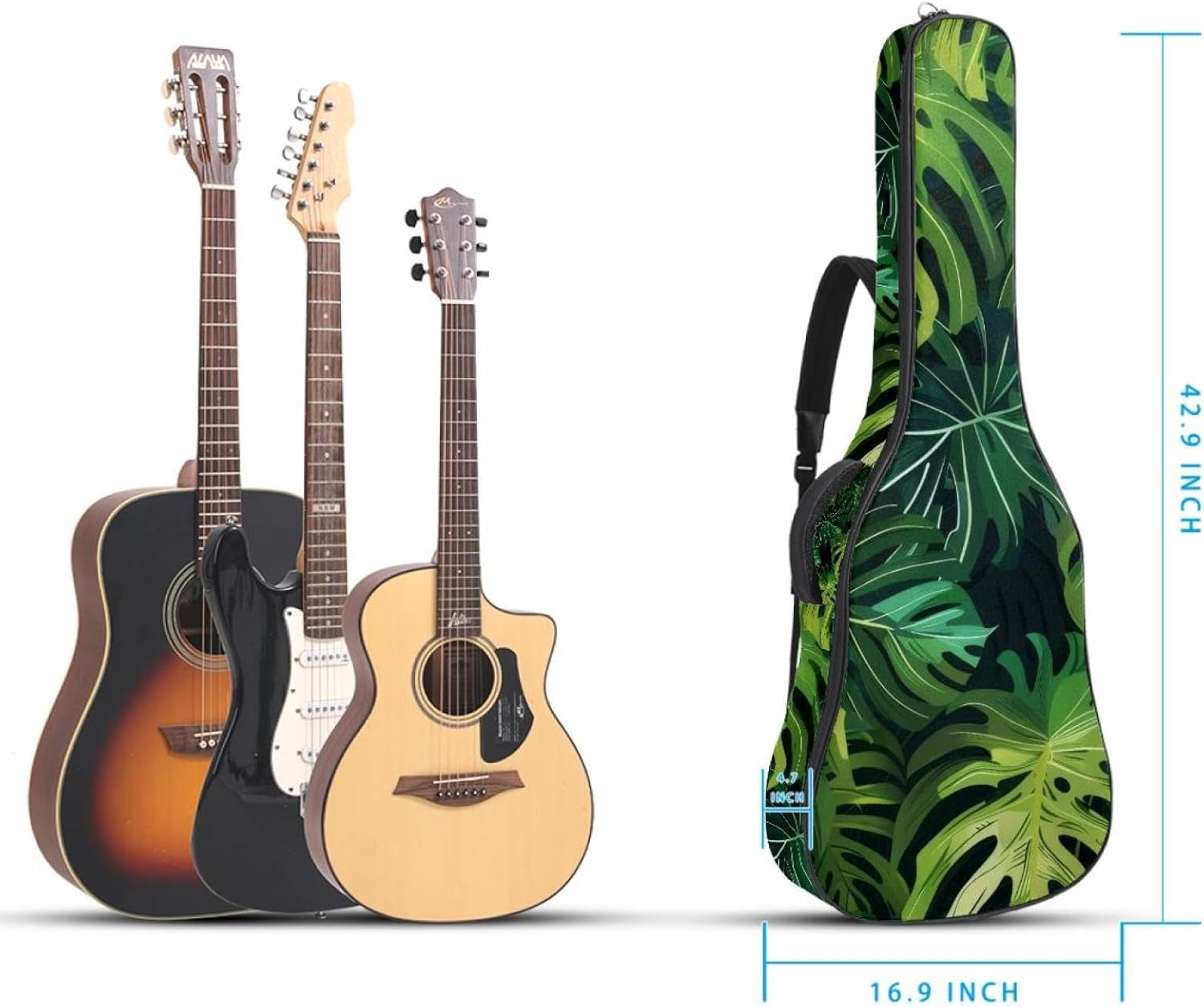 Acoustic Guitar Gig Bag 1 cm Thick Padding, Waterproof Electric Guitar Bag 40-42 Inch Guitar Case Backpack with Dual Shoulder Strap, Green Tropical Forest Background