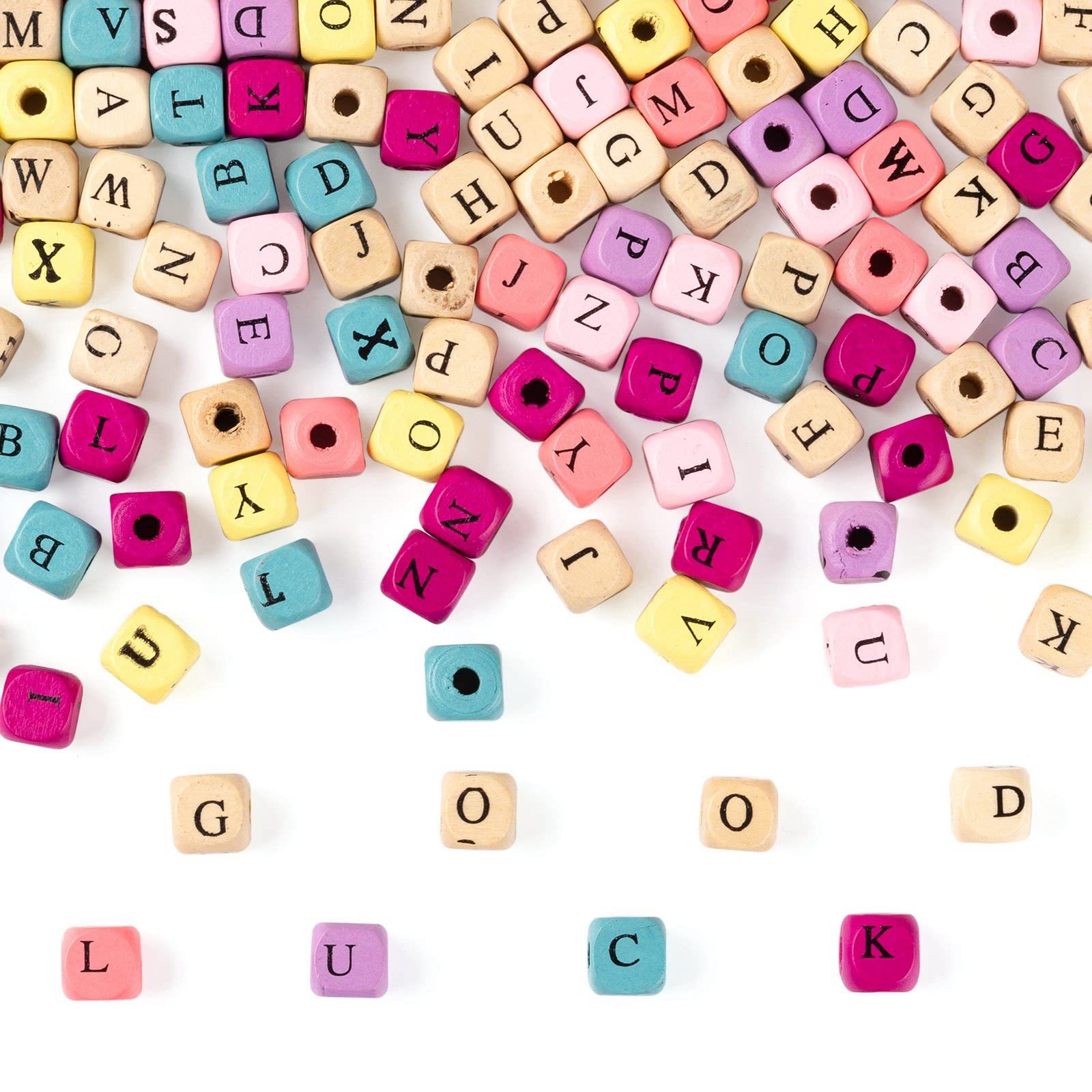 PandaHall 420pcs 10mm Colorful Wooden Cube Beads - 2 Styles Large Hole Square With Initial Letter - Natural Wood Printed Spacer Loose for Jewelry Making