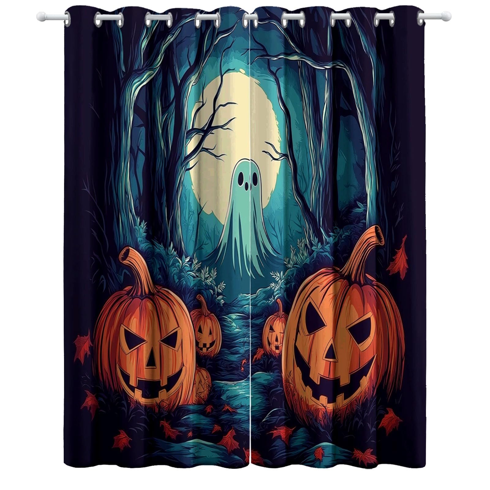 Dziecięca termiczna zasłona zaciemniająca z duchem dyni las na Halloween, 110 x 215 cm, zestaw 2 zasłon z nadrukiem do salonu, sypialni, kuchni, dekoracji wnętrz, zasłon i zasłon z oczkami, niebieska