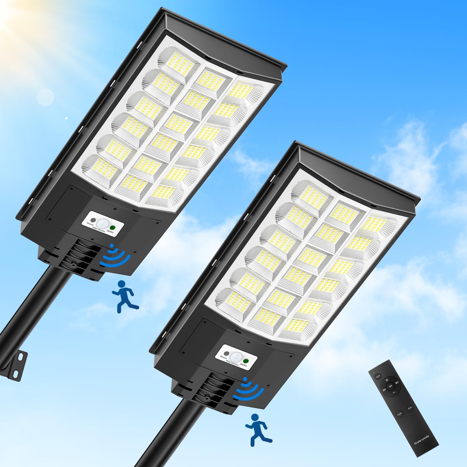 Farolas Solares Exterior, 600W Foco Led con Sensor de Movimiento, Farola Solar Potente con Mando, Gran Angular 240°,6500K Impermeable IP65 Luz de Seguridad para Jardín,Patio Garage,Camino,2pc