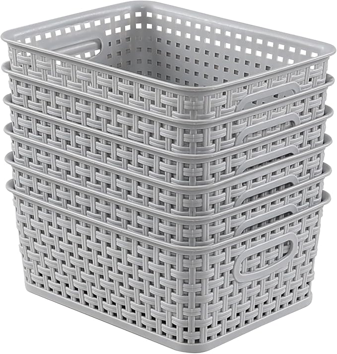 Ramddy 6 Pack Plastic Weave Storage Basket, Silver Grey Small Kitchen