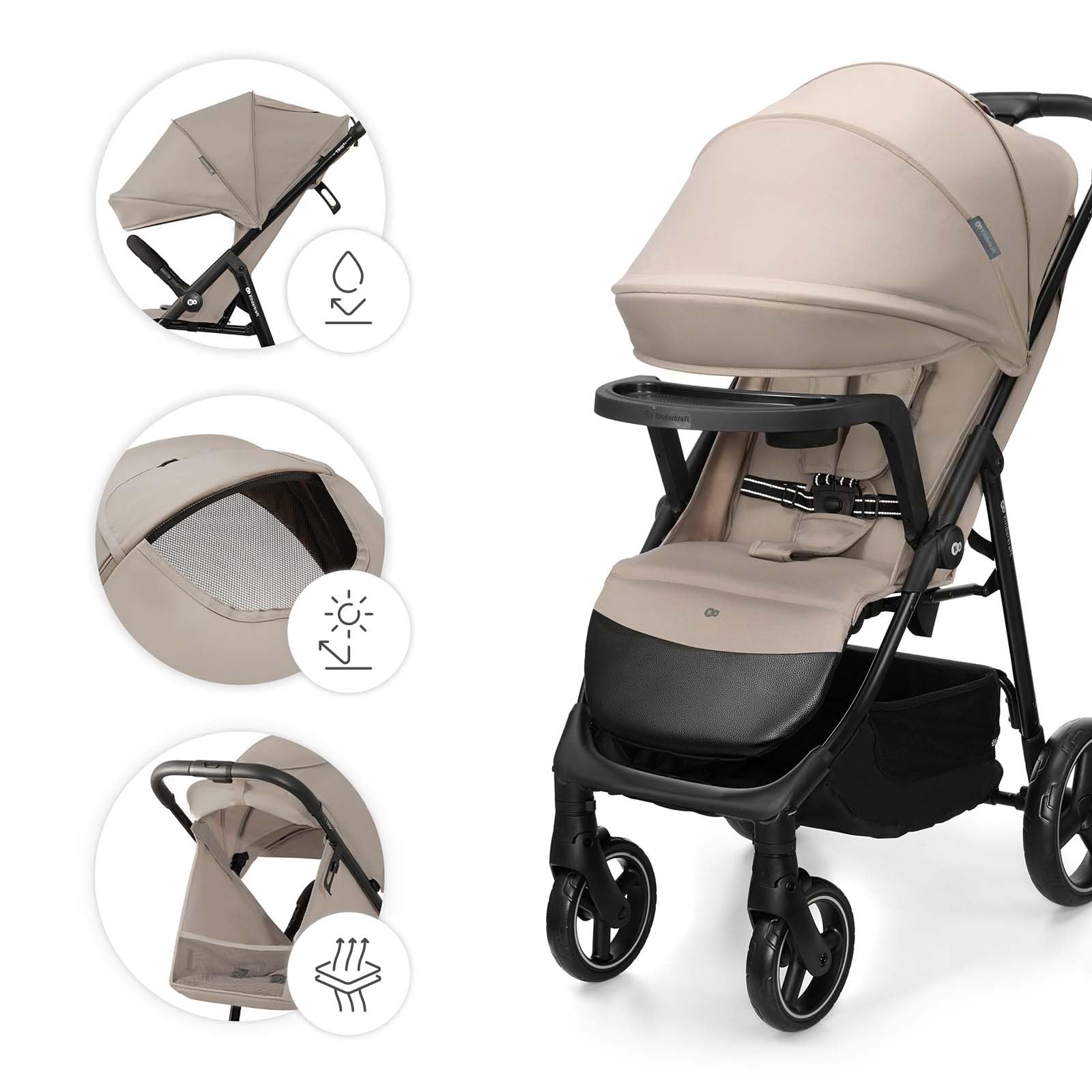 Kinderkraft TRIG 3 con vassoio, Passeggino 22 kg, CLICK & FOLD, Beige