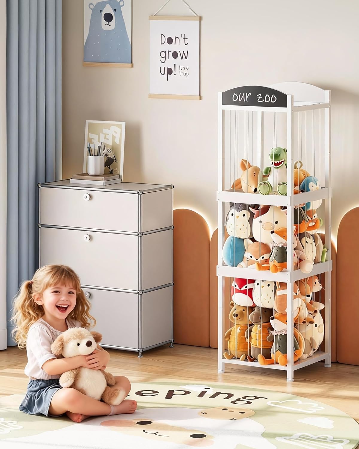 Stuffed Animal Storage, Stuffed Animal Organizer with Elastic Cords, Zoo Stuffed Animal Holder, Toy Storage Organizer, for Living Room, Nursery, Bedroom, Playroom, White TCW44WB