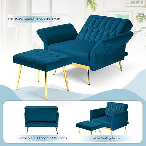 Miniatura 5 de Lesofair Silla decorativa de terciopelo con respaldo y reposabrazos ajustables, sillón reclinable individual con otomana y patas mentales doradas